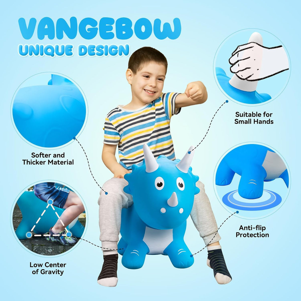 VangeBow Bouncy Horse Animal Hopper Toy for Toddlers 1-5 – Fun for Kids & Family - Blue Little Triceratop - image 3