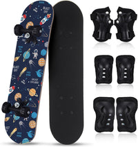 Honoson kids skateboard set with dinosaur print maple deck and black knee pads, elbow pads and wrist - view 2