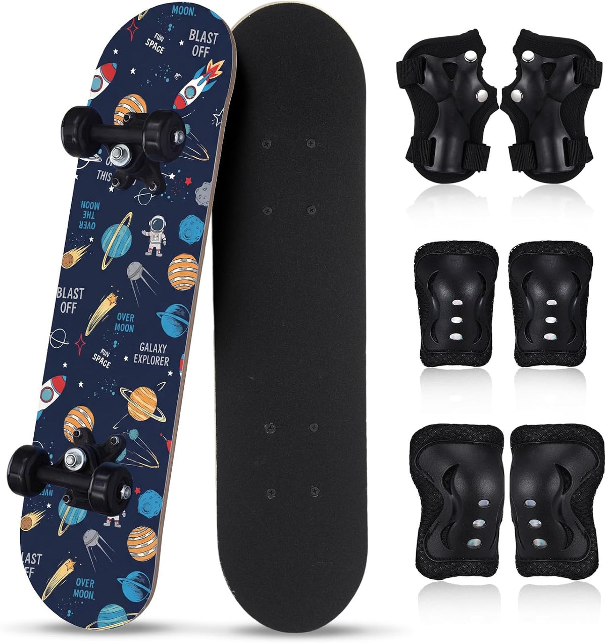 Honoson kids skateboard set with dinosaur print maple deck and black knee pads, elbow pads and wrist - view 2