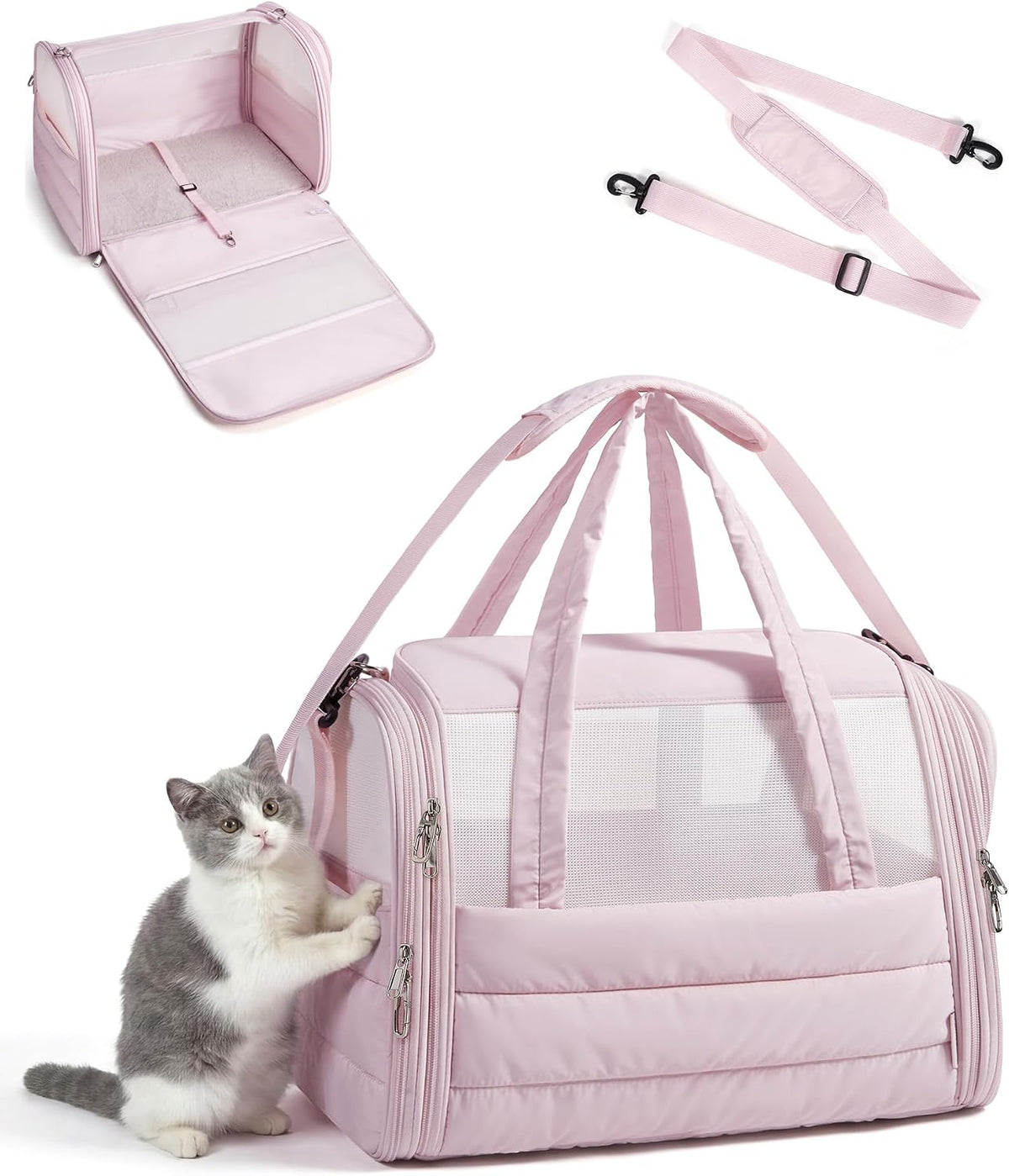 BAGSMART Cat Carrier Soft-Sided Puffy Quilted Collapsible Pet Travel - Baby Pink / 19.3"L x 13.0"W x 13.0"H