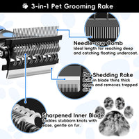 3-in-1 Professional Pet Grooming Brush for Dogs & Cats - Blue - image 2