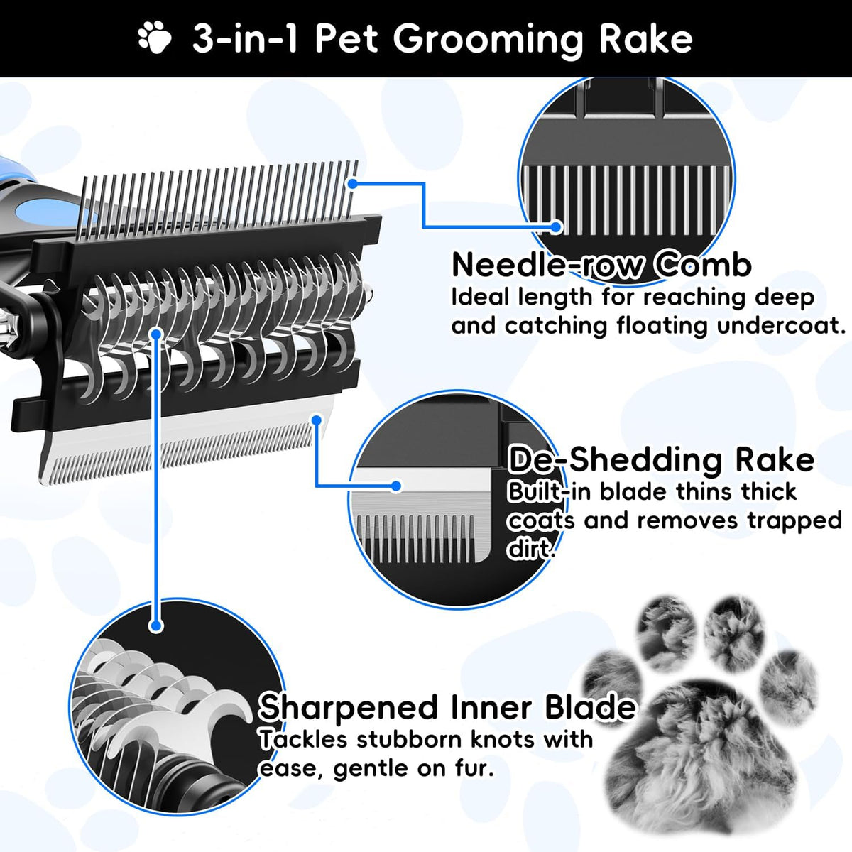 3-in-1 Professional Pet Grooming Brush for Dogs & Cats - Blue - image 2