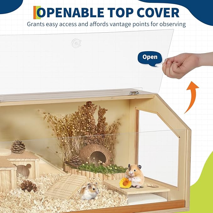 Wooden Hamster Cage with Legs, 32" L x 16" W x 40" H Guinea Pig Cages Chew Proof,Large Hamster Habitats Enclosure with Acrylic Window & Openable Top for Guinea Pig, Chinchilla, Gerbil