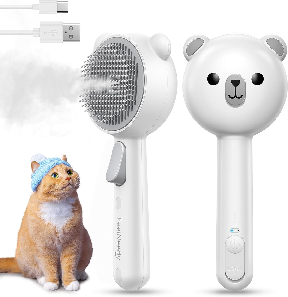 Cat Steam Brush, Brushes for Indoor Cats with Release Button - White