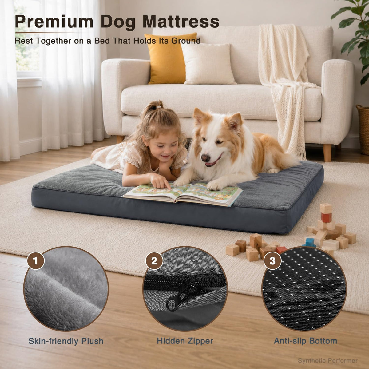 Large Plush Dog Bed for Crate with Washable Cover, 35x22 - 41.0"L x 27.0"W x 3.0"Th / Grey - image 3