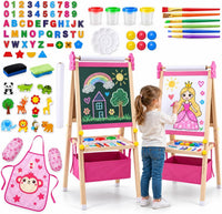 SWINSKUAD pink wooden art easel for kids with whiteboard, chalkboard, paper roll and storage basket