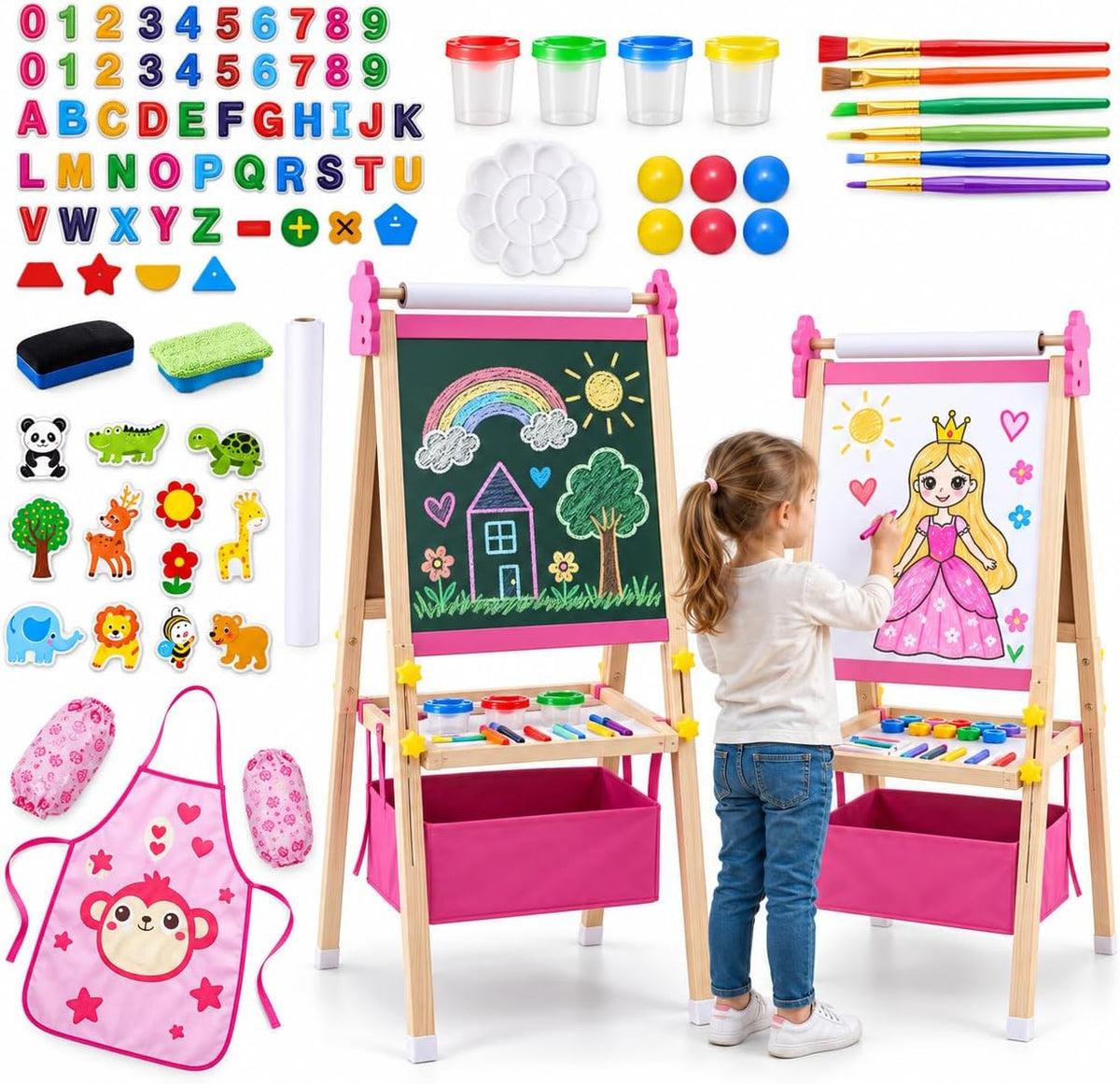 SWINSKUAD pink wooden art easel for kids with whiteboard, chalkboard, paper roll and storage basket