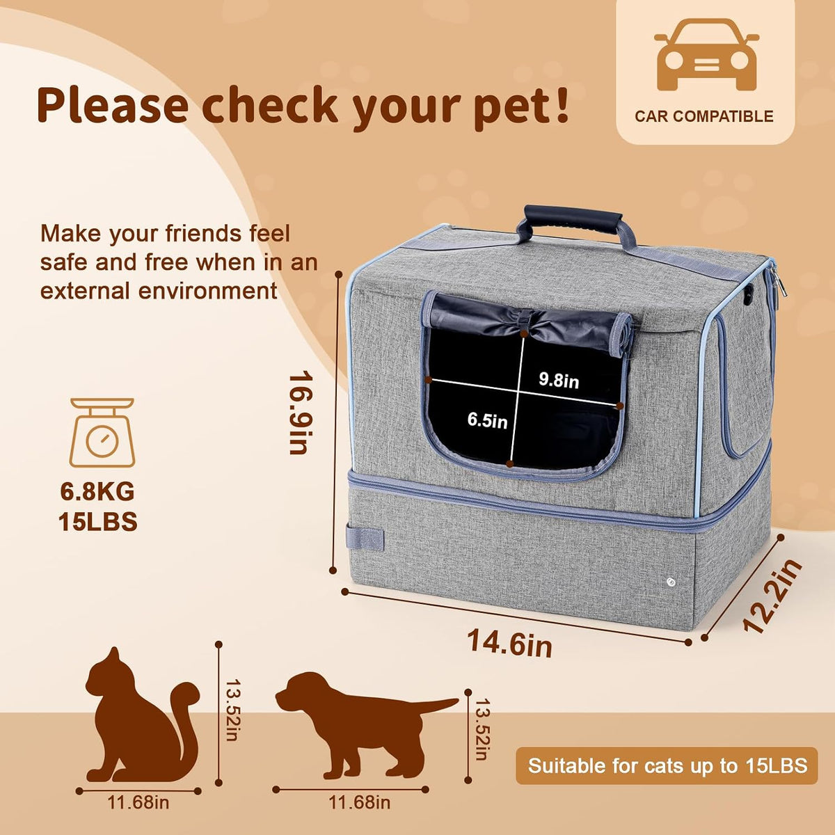 Cat Enclosed Travel Litter Box Kit with Lid Odorless Dustless - Large / L-Grey - image 2