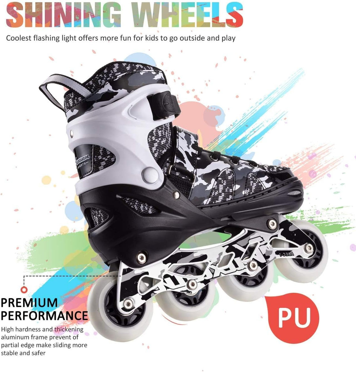 Kuxuan Boys Adjustable Inline Skates with Light up Wheels for Kids - Black Camo / Medium(Kids 13-3 US) - image 3