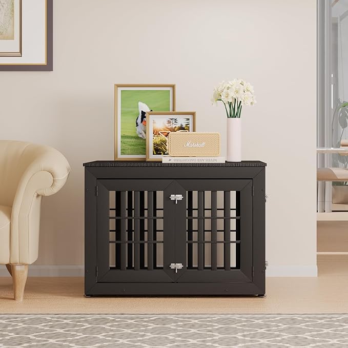 38" Heavy Duty Dog Crate Furniture for Small,Medium and Large Dogs,Rustic Wooden Dog Cage Kennel Indoor Furniture with Waterproof Top,Decorative Pet House Side End Table (Black)