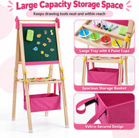 SWINSKUAD pink wooden art easel for kids with whiteboard, chalkboard, paper roll and storage basket - view 3