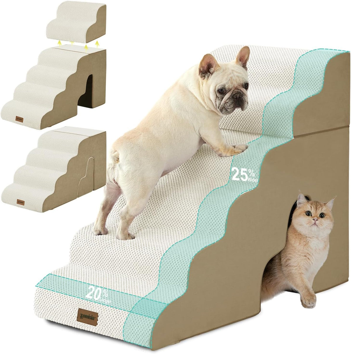Dog Ramp for Large Dogs with Tunnel, 24" H 5 Steps for High Bed – Essentials for Dogs - 6-Steps Curved / Beige Fleece