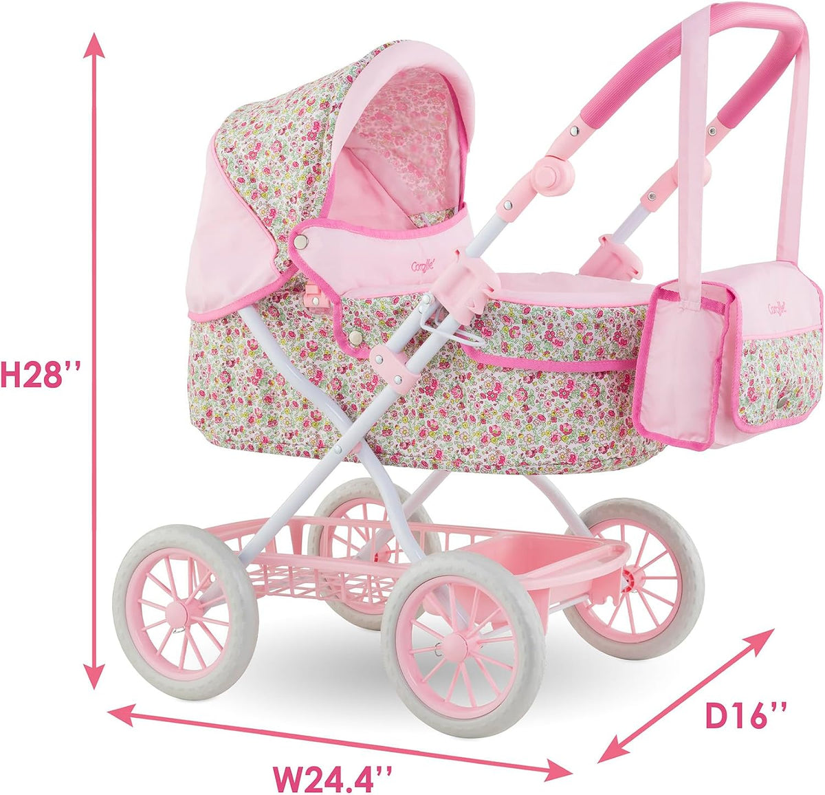 Corolle foldable pink baby doll stroller with carriage design, canopy and basket - view 3