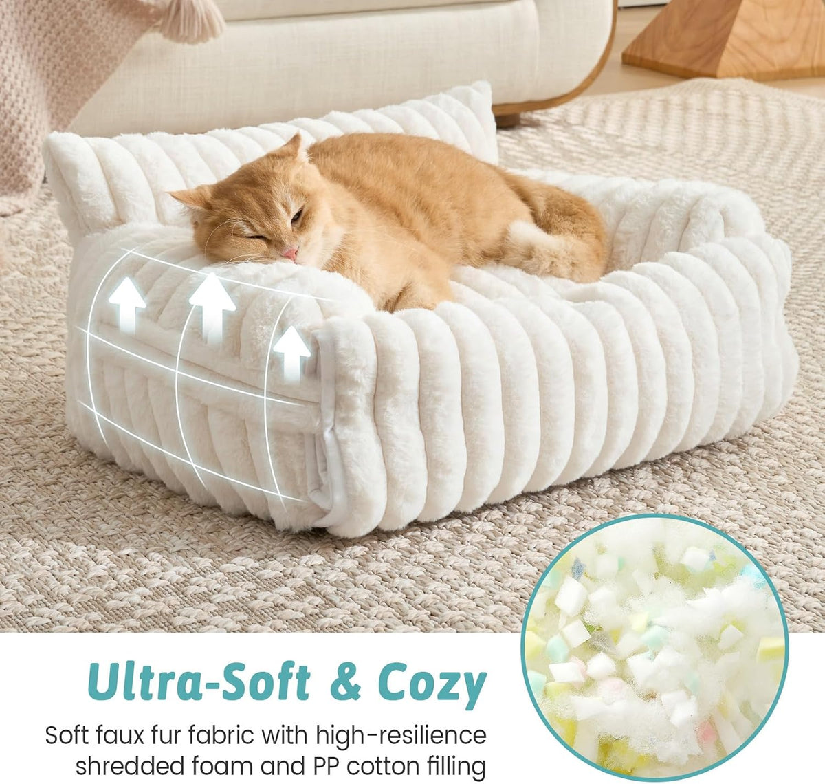 COZY KISS Cute Cat Couch, Fluffy Sofa Bed for Cats and Small Dogs, Premium Faux Rabbit Fur Cats - Cream / Small: 25'' x 18'' - image 2