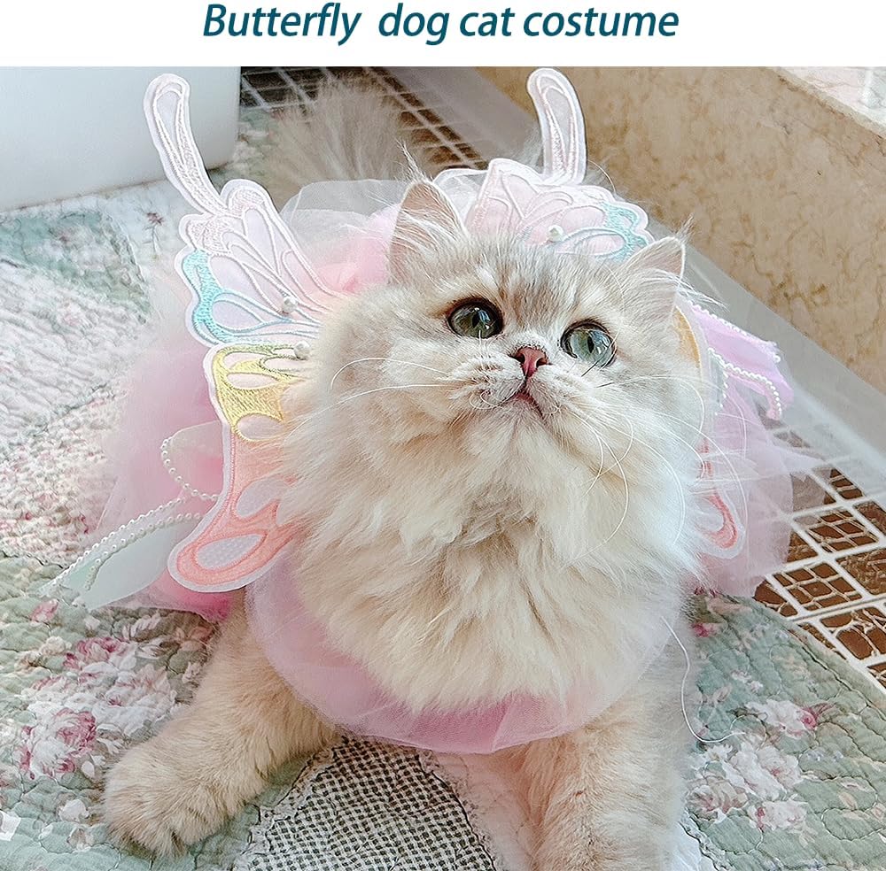 Pink butterfly dog costume dress with lace tutu skirt and gauze wings for small dogs - view 2