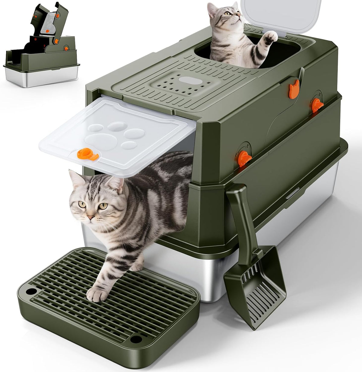 FURTIME Stainless Steel Litter Box with Lid - X-large / Green