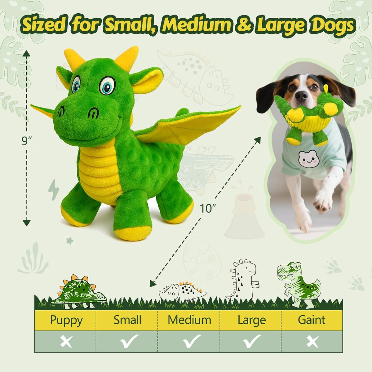 Squeaky Dog Toy, Plush Dragon with 5 Squeakers and Crinkle Wings - Green - image 4