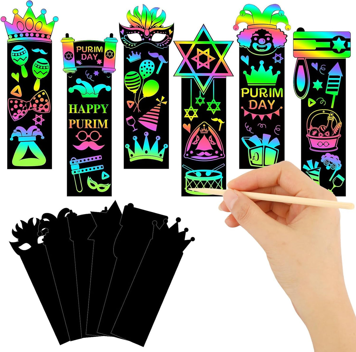JUNEBRUSHS rainbow scratch art bookmarks with bamboo scratch sticks and colored satin ropes - view 7