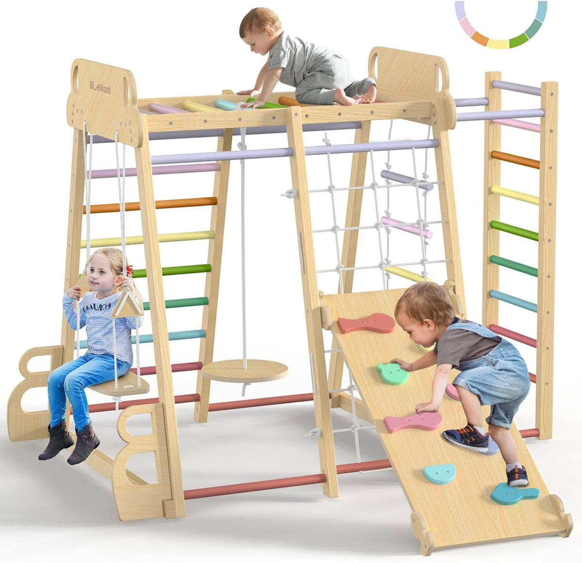 BlueWood Upgraded Indoor Jungle Gym 9-in-1 Playground Kids Climbing - Colorful / 9-in-1