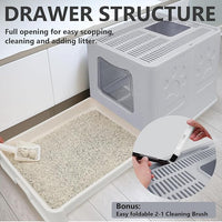 XL Foldable Cat Litter Box with Lid - Jumbo Enclosed Potty - Top Entry Anti-Splashing Toilet - Includes Scoop & 2-in-1 Cleaning Brush (Grey)