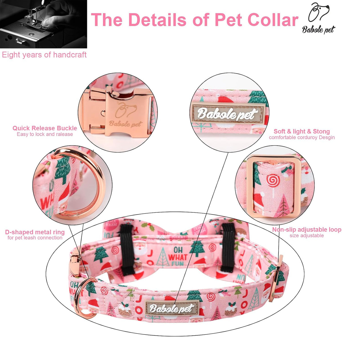 Green Dog Collar with Bow Tie, Christmas Bowtie Dog Collar M – Essentials for Dogs - S / B-Pink Santa - image 4