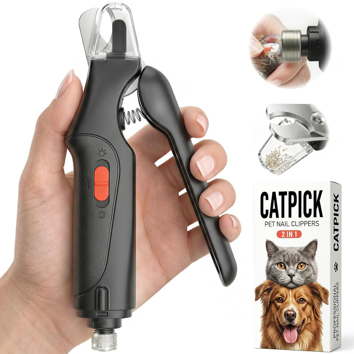 2-in-1 Cat & Dog Nail Clippers with Grinder and Dual LED Lights – Essentials for Dogs - Black