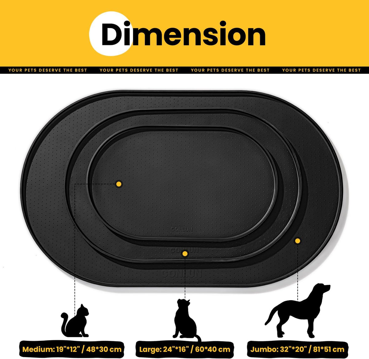 Conlun Dog Food Mat,1/2 Inch Raised Edges Cat Feeding Mat for Spill Containment,BPA-Free Silicone - 24"L x 24"W / Black - image 4