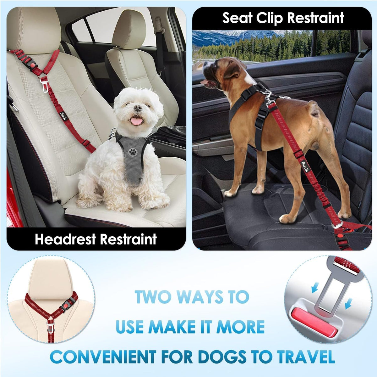 Lukovee Dog Seat Belt, 3-in-1 Headrest & Seatbelt Clip & Latch, 2 Pack – Essentials for Dogs - Red / A- Headrest with Clip + 2 in 1 Seat Belt - image 3