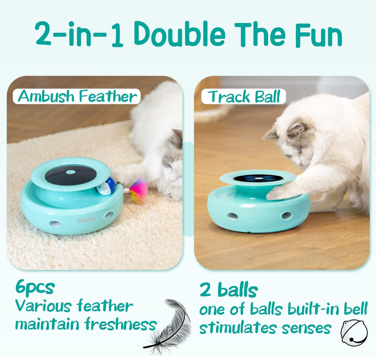 ORSDA 2in1 Interactive Toys for Indoor Cats, Timer Auto On/Off - Robin Egg Blue - image 2