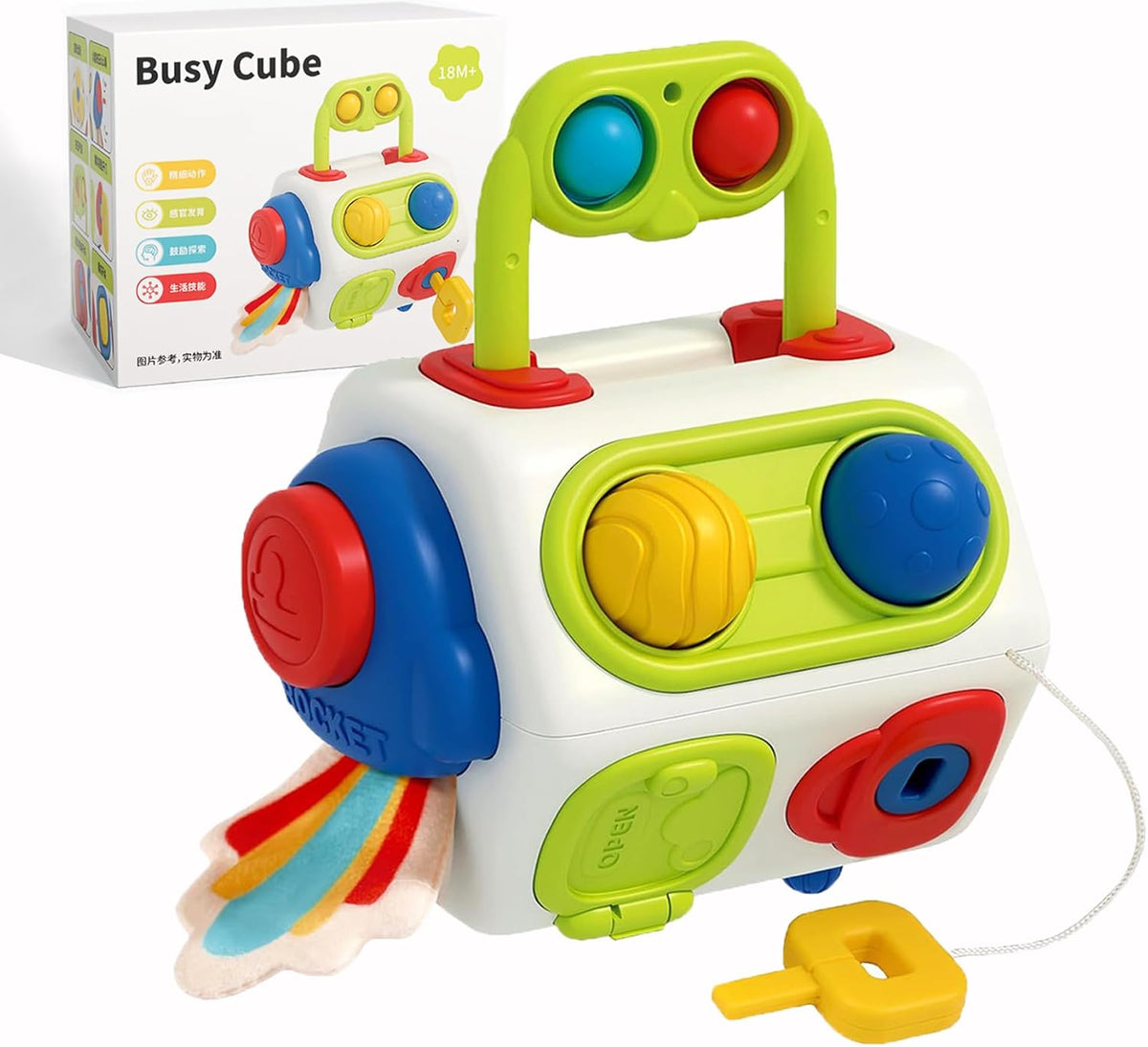 AotBlcer 10-in-1 busy cube travel toy for toddlers with gears, switches and buttons
