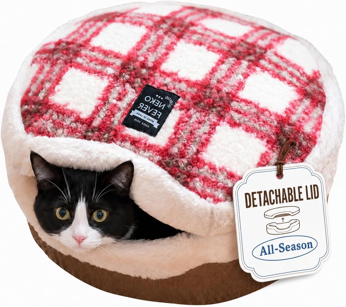 Cat Bed Cave, Enclosed Hideaway with Detachable Lid for Kitten - RedWhite