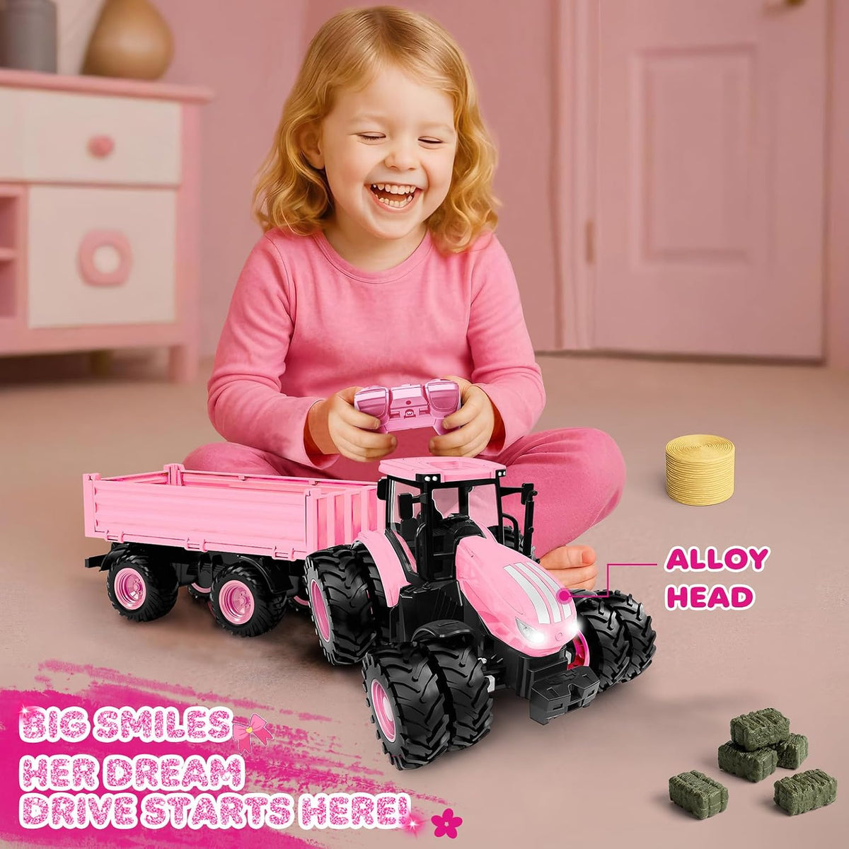Uarzt Remote Control Tractor Toy with Trailer - Pink - image 4