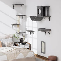 NUNU LAB Wall Mounted Cat Climber Set, 6 Pcs Cat Furniture Set with House, Bridge, Steps, Scratcher Board and Hammock, Shelves for Indoor, Luxury Walls Furniture(Dark Grey)