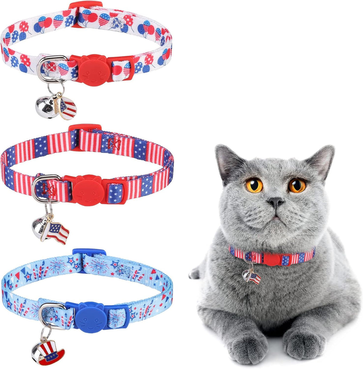 Cat Collar Breakaway, Soft Kitten Collar with Bell, Daisy - 4th of July Flag (Pack of 3)