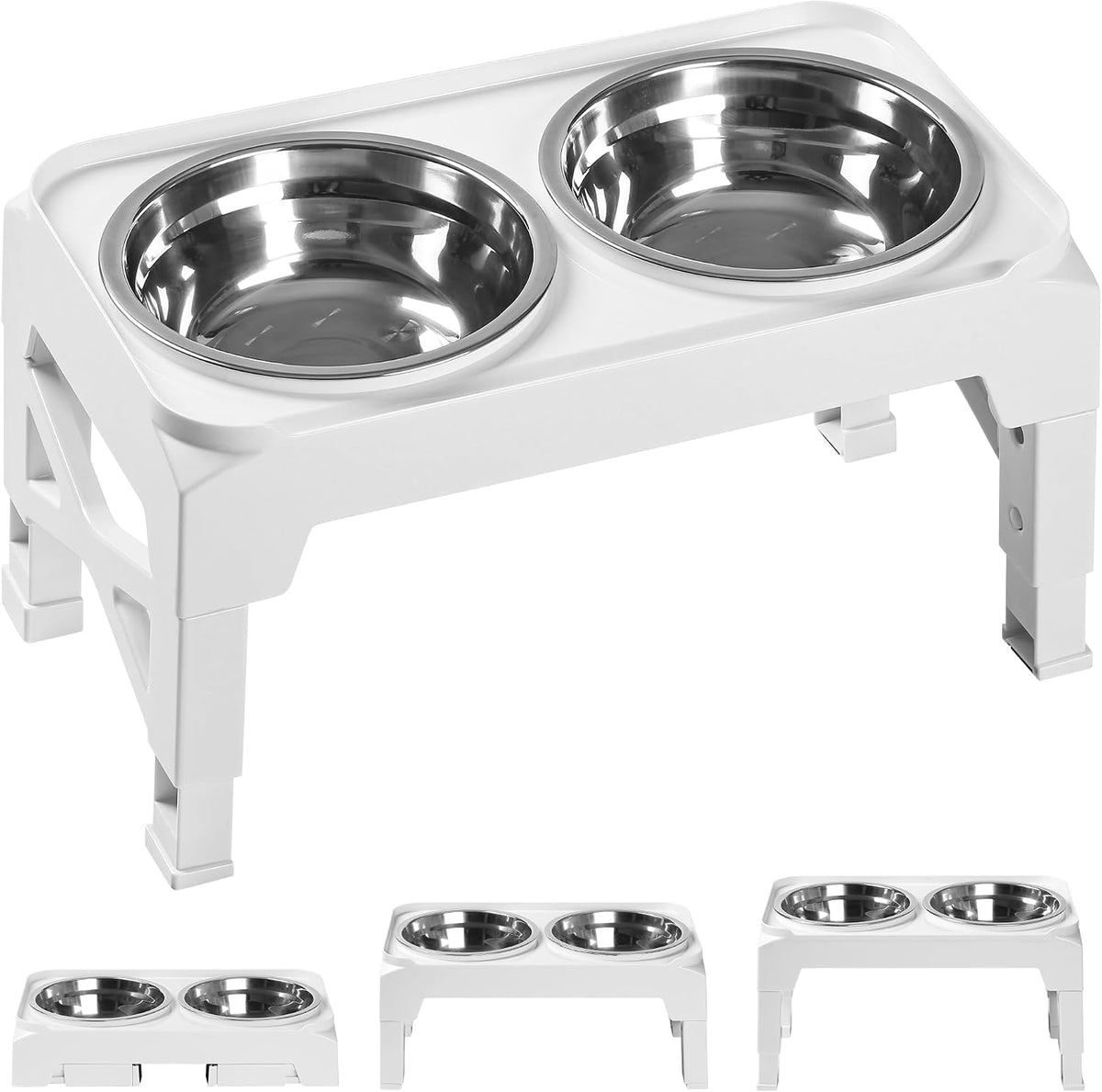Hubulk Elevated Dog Bowls with 2 Stainless Steel Dog Food & Water - S (6" for Small Dogs) / White