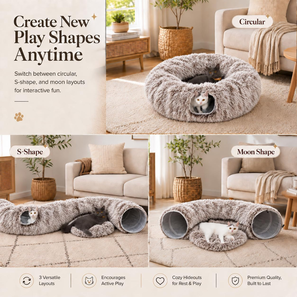 Warm Fluffy Plush Cat Dog Tunnel Bed Under Christmas Tree Big Tube - Brown - image 3
