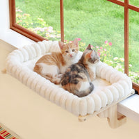 Zakkart SnugCloud Cat Perch for Windowsill – Essentials for Cats - Natural Color Wood w/ Cream Bed / Large (25"x15")