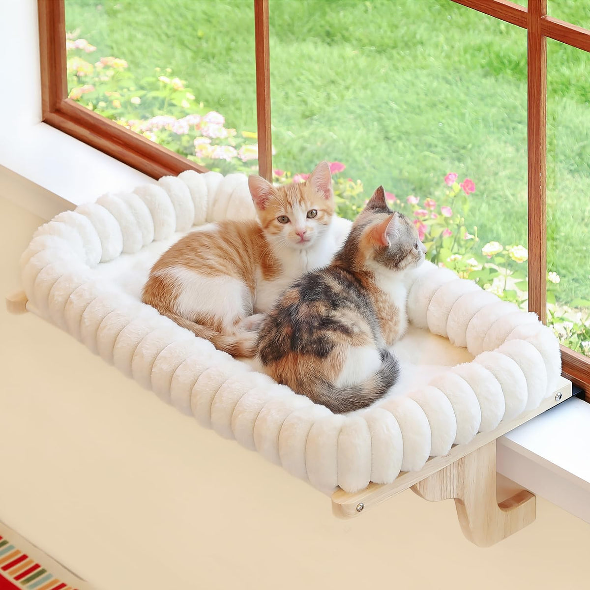 Zakkart SnugCloud Cat Perch for Windowsill – Essentials for Cats - Natural Color Wood w/ Cream Bed / Large (25"x15")