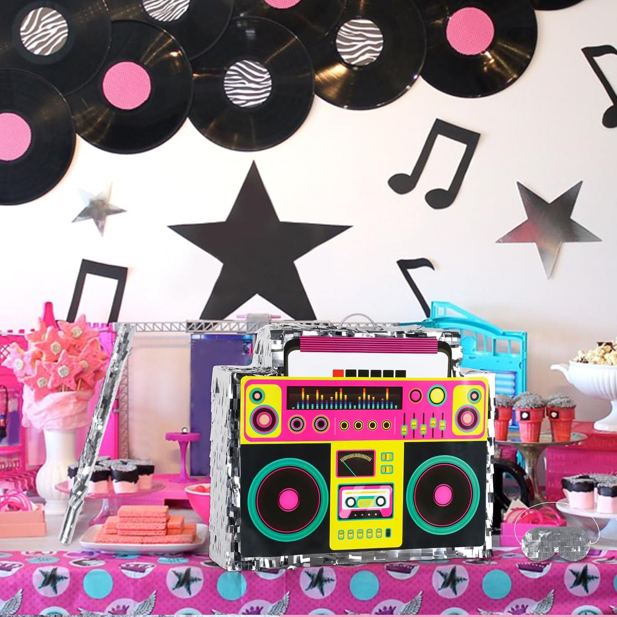 Waenerec boombox pinata with stick and blindfold, colorful radio shape with sequins - view 30