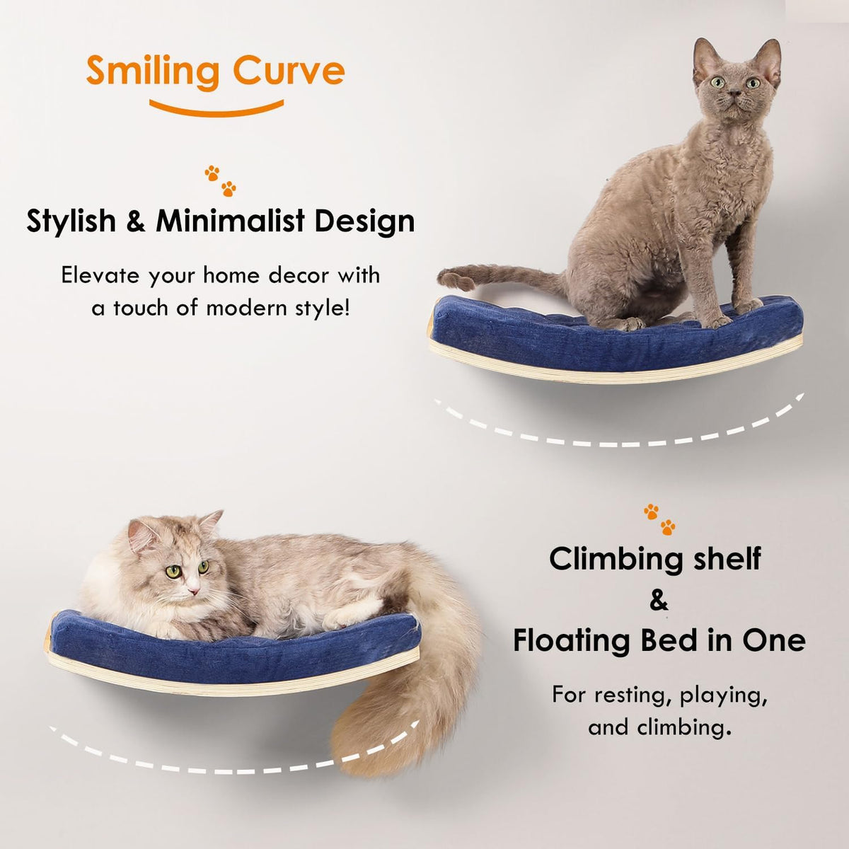 Curved Cat Shelves and Perches - Wood Shelf+Bule Cushion - image 4