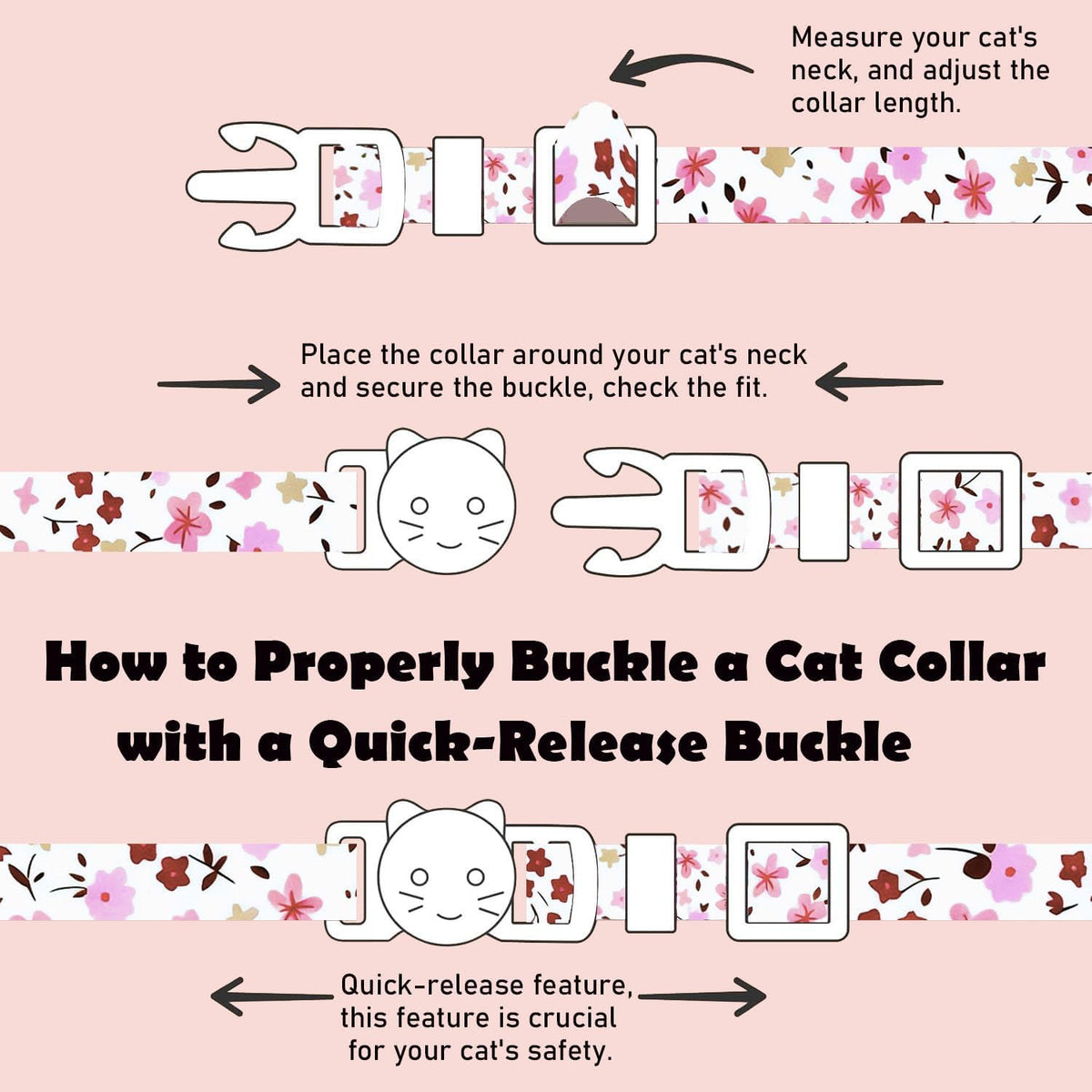 2 Pack Cotton Breakaway Cat Collars Set with Bell and Flower Pendant - vintage+ small pink flower - image 3