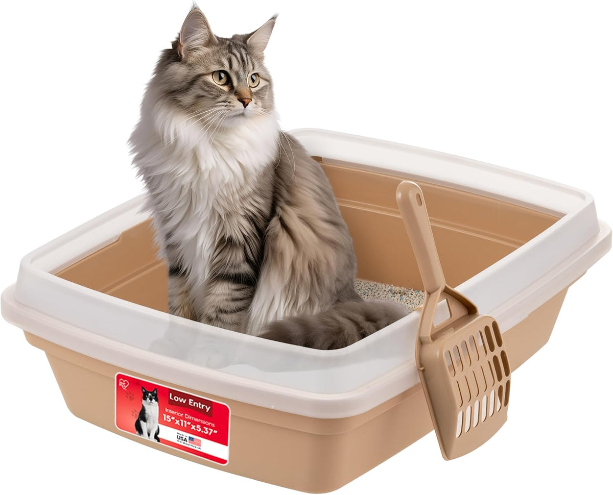IRIS USA Top Entry Cat Litter Box, Hooded Privacy - Open Top / Beige