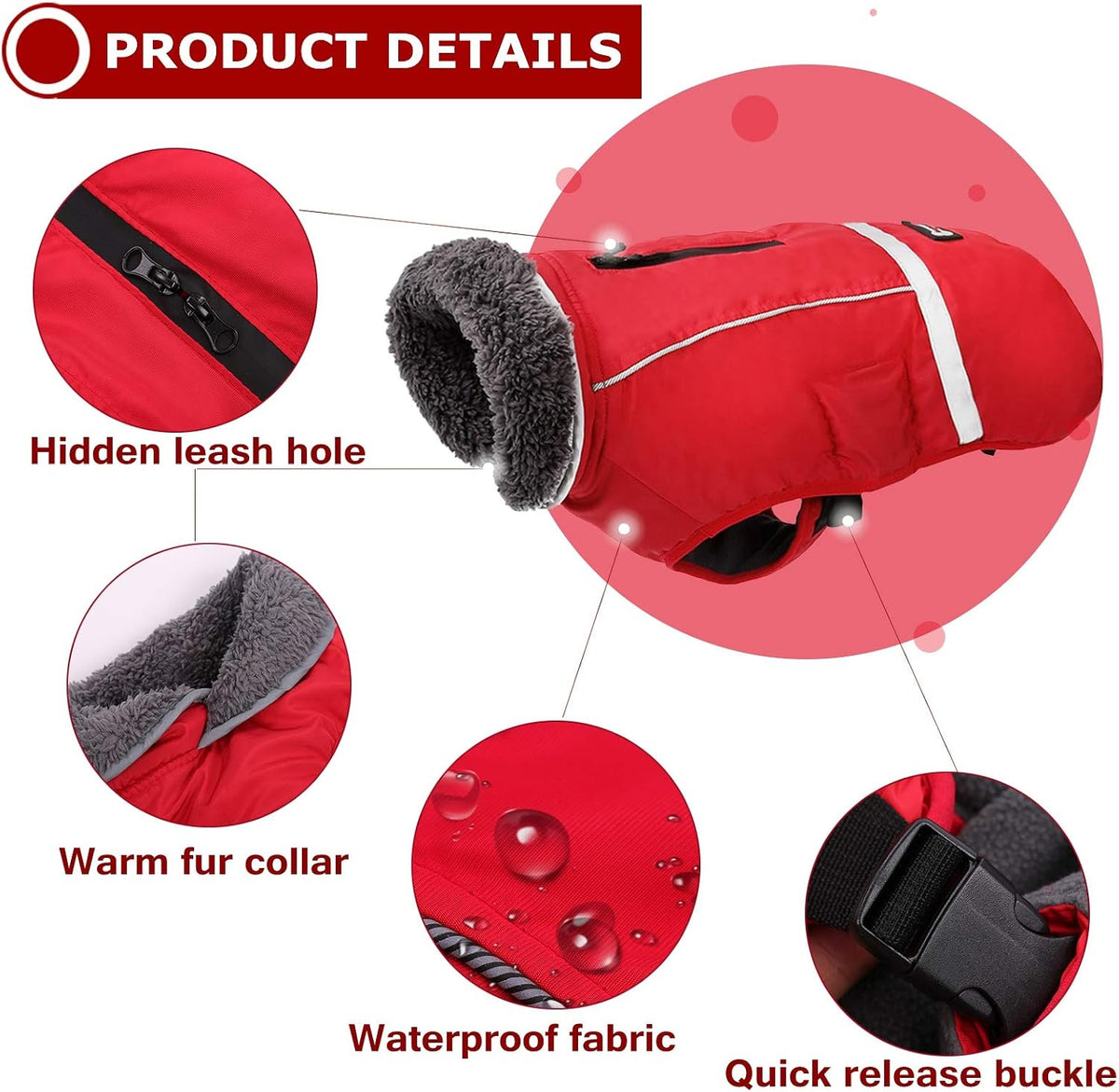 QBLEEV Warm Dog Coat, Reflective Dog Jacket - Red / Medium - image 2