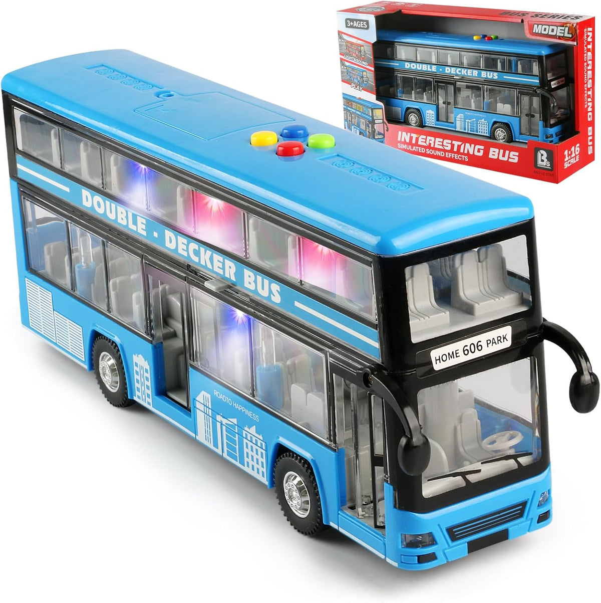 Cdymkf 11 inch blue double decker bus toy with LED lights and opening doors - view 2