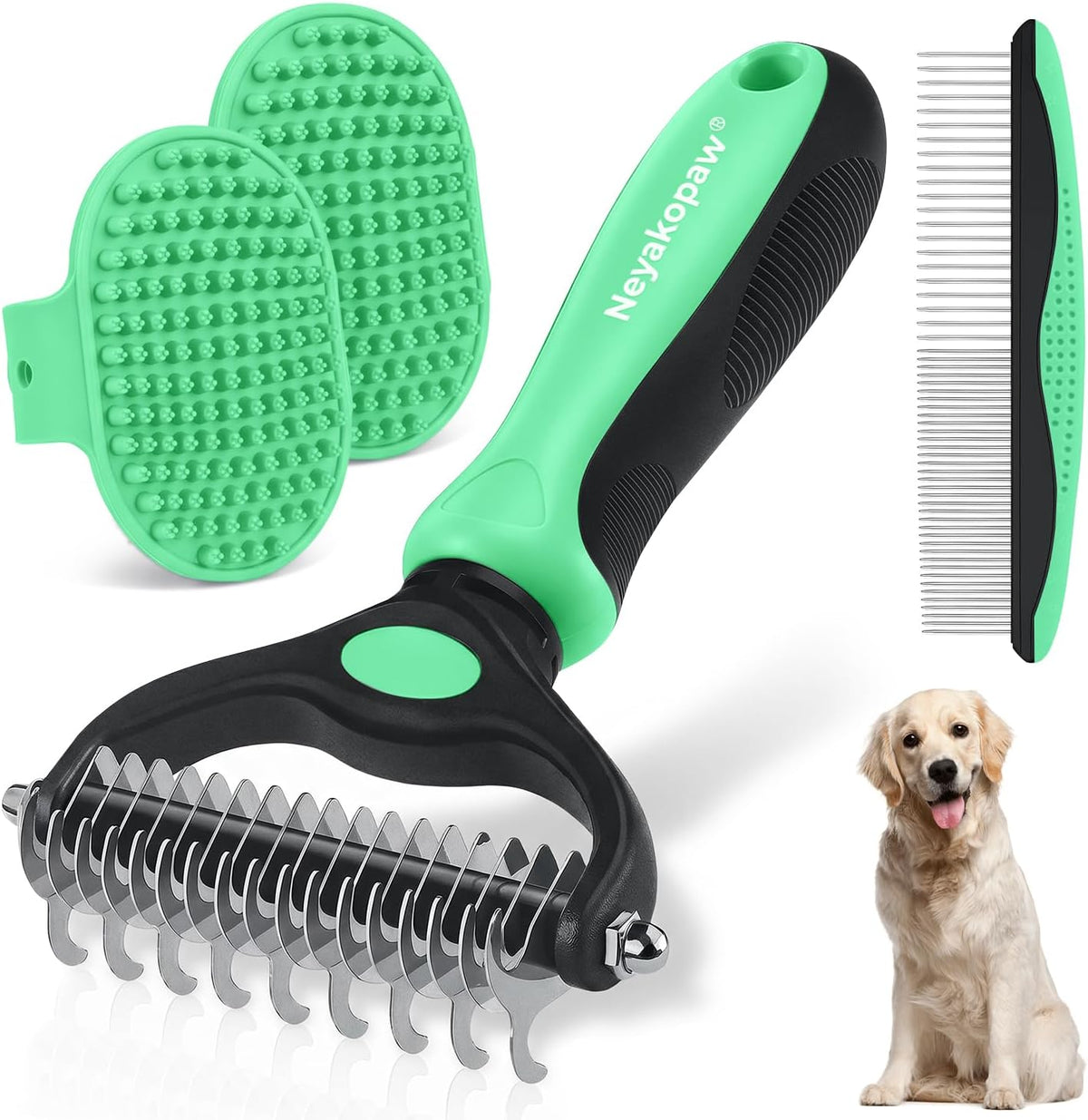 Dog Grooming Rake 4-in-1 Kit, Deshedding Undercoat Rake - Green Kit 4PCS