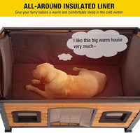 Aivituvin Dog House with Insulated Liner Anti-Chewing Metal Frame Design Insulated Wooden Dog Kennel with Unique Design Roof, Weatherproof Dog House for Outdoor Indoor