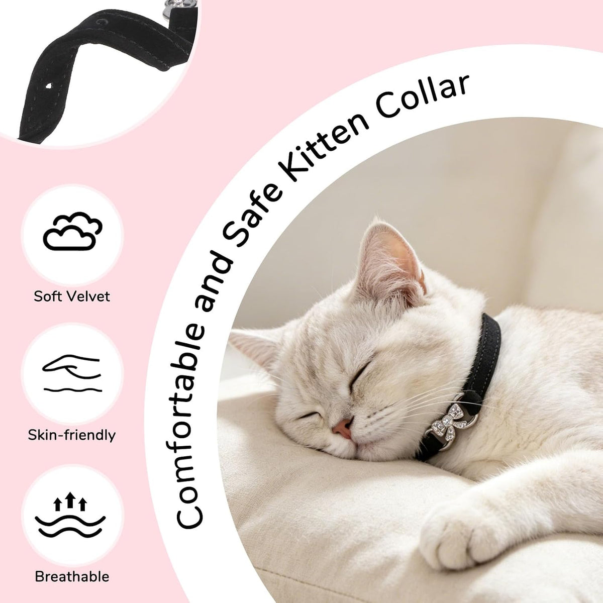 BINGPET Diamond Cat Collar with Bell, Adjustable Kitten Collar - Black(Bowknot) / Neck Girth 8"-10" - image 2