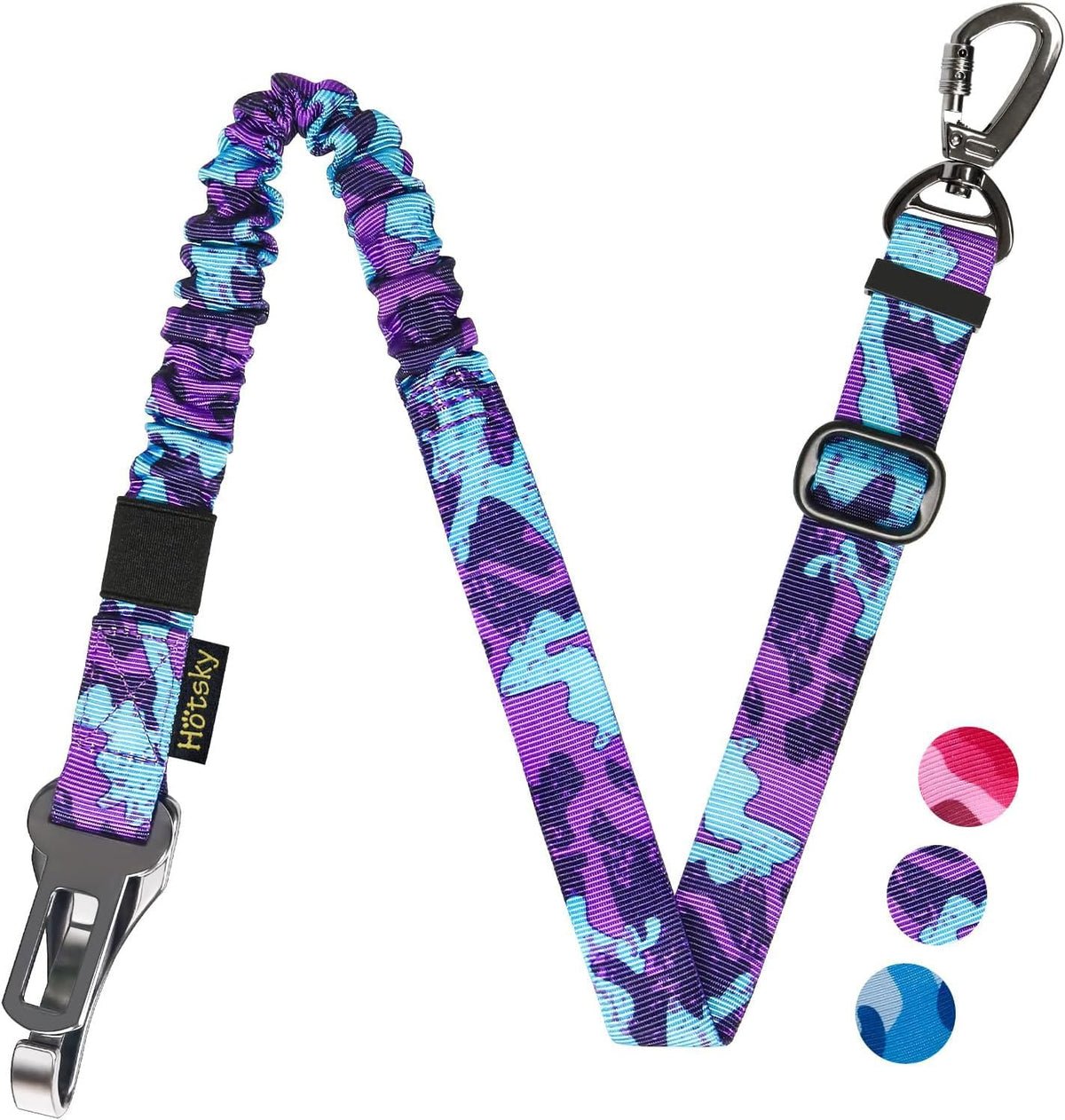 Dog Seat Belt, Adjustable Safety Seatbelt 3-in-1 Car Harness for Dogs in Car Nylon Elastic Bungee - Purple Camo