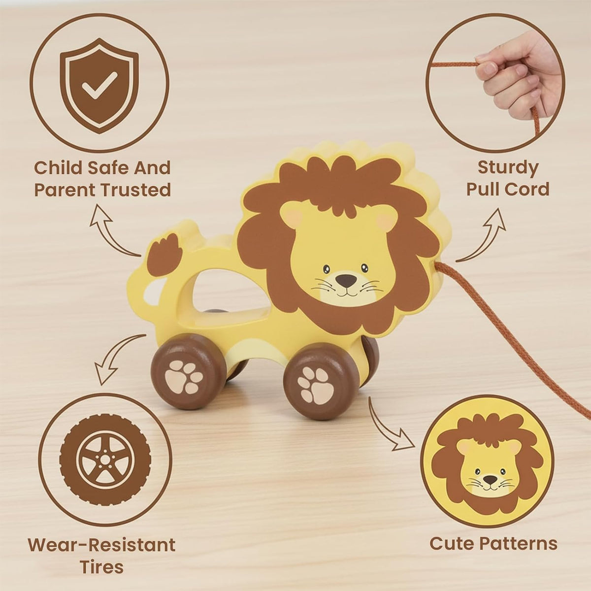 Baby Toys Car,Wooden Pull Along Toy for Toddlers 1 2 3 Year Olds – Fun for Kids & Family - Lion - image 3
