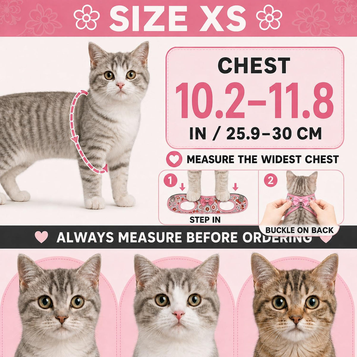 Cat Harness and Leash Escape Proof for Walking - XS-Chest(10.2"-11.8") / Pink - image 2